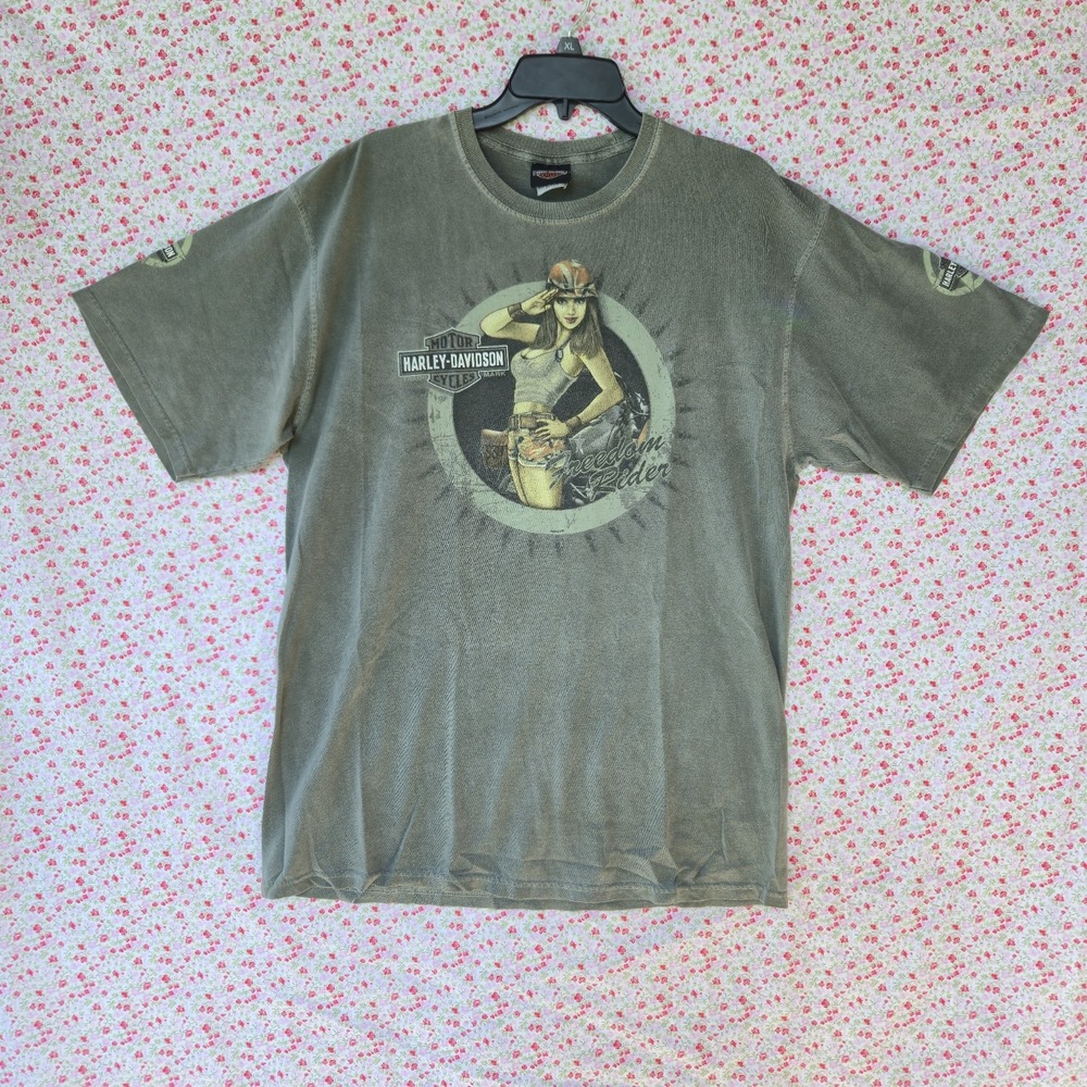 Harley Davidson Freedom Rider Tee Size XL Green Vintage Wash Pinup Graphic